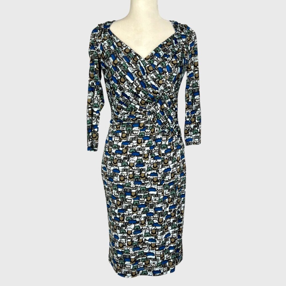 Rena Lange Womens Silk Faux Wrap Sheath Dress Blue Teal Geometric Print size 6